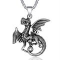 Vintage silver titanium steel dragon pendant necklace with wings for men and boys - Flame Dragon
