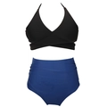 Girls' high-waist bikini set with black halter neck top and navy blue swim shorts - 104 / Two-Piece Set (Ruched) / Black & Blue