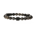 Macro detail of natural stone beaded bracelet with grey round beads and black lava stones - Black Net Stone and Volcanic Lava
