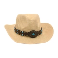 Chapeau de cowboy en paille beige de style western avec bandeau en cuir et rivets turquoise - Beige