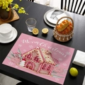 Pink Christmas placemat with gingerbread house and snowman on black wooden table - CD57-25