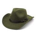 Macro detail of army green felt cowboy hat with brown leather band and metal buckle - Army Green