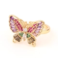 Close-up of golden butterfly ring with colorful cubic zirconia and adjustable band - Colorful 5