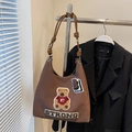 Borsa hobo in tela marrone con ricamo orsetto e manico in pelle da donna - Senza Ciondolo / caffè