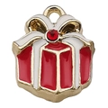 Golden gift box Christmas charm with red enamel, white ribbon, and sparkly rhinestone - Gift Box 14x17mm