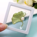 Elegant green ginkgo leaf brooch with white pearl in a transparent floating jewelry case - XZ067-Green Ginkgo-Boxed