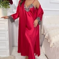 Conjunto de pijama de satén rojo para mujer con camisón largo y bata con encaje - S / Rojo
