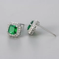 Elegant silver square stud earrings with green zircon centers and diamond halo - Silver/Green
