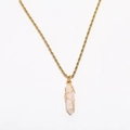 Close-up of pink hexagonal crystal pendant with golden twisted rope chain detail - Pink