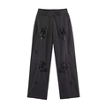 Schwarze gestreifte Damen-Hose mit weitem Bein und eleganten Pailletten-Stickereien - S / Schwarze Hose