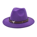 Detailed view of the purple fedora hat featuring a bull head metal piece and woven leather band - M(56-58cm) / Purple