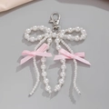 Sweet white pearl bow keychain with pink ribbons and silver lobster clasp - White Artificial Pearl Bow Style (0219)