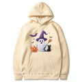 Beige Halloween hoodie with cartoon ghost and pumpkin illustration in front view - Khaki