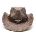 Vintage western cowboyhoed met bruine suède textuur en zilveren stierkop metaal ornament - Lichtbruin (Gecraqueleerde Textuur) / M (56-59cm)