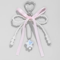 Portachiavi fiocco rosa con chiusura a cuore, catene di perle e ciondolo a stella - Stile Stella e Cuore con Nastro Rosa(LKC029)