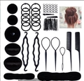 Hair styling tool set including black sponge bun makers, hair loops and pins on white base - 01