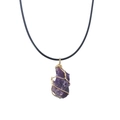 Irregular raw amethyst stone pendant with golden wire wrap on black cord necklace - Deep Amethyst