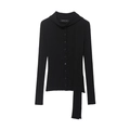 Slim fit black ribbed knit cardigan with button closure and decorative neck strap details - S / Black