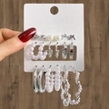 9-piece butterfly and pearl earring set in silver finish displayed on a fashion jewelry card - 9 Pairs Set-Silver Pearl Butterfly Heart Combo