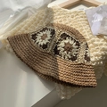 Handgefertigter Häkel-Sonnenhut in Dunkelbraun mit vintage Sonnenblumen-Blumenmustern - M(56-58cm) / Khaki