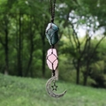 Handmade woven car pendant with raw rose quartz, amazonite and silver moon star charms - Amazonite + Rose Quartz (Brown Rope)