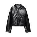Women's black faux leather jacket with long sleeves, lapel collar, and large pockets - XS / Top Only