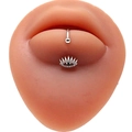 Silver stainless steel curved barbell labret with crystal eye pendant on silicone model - Evil Eye Pendant / Silver