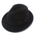 Close-up of black wool felt fedora featuring a classic ribbon band and side bow detail - Black