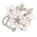 Elegant gold flower brooch featuring white enamel petals, pearls, and sparkling crystals - Retro Enamel Multi-Flower