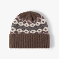 Bonnet en maille jacquard marron foncé avec motifs nordiques et bordure côtelée épaisse - Taille unique / Café (24B042)