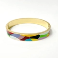 Polished gold stainless steel bangle featuring multi-color geometric enamel inlay - Abstract Geometric Painted Style (款式15)