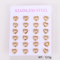 Set of 12 pairs gold heart stainless steel stud earrings on a display card, 12.5g total weight - Solid Heart Design (AML03337) / 12 Pairs Set