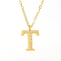 Gold plated initial T pendant necklace with sparkling cubic zirconia on link chain - Letter T / Gold