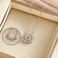 Silver-toned magnetic folding heart clover necklace with white cubic zirconia stones - 9001 Steel Color