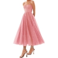 Elegant pink sequin corset dress with thin straps and full A-line skirt for formal parties - US size 2 (S) / Bottoms / Peach