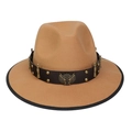 Western style tan felt fedora hat featuring a brown leather band and wing badge - M (56-58cm) / Camel (91 Series Dual Guns Wings Badge Decor)