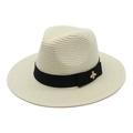 Detailed macro view of cream straw fedora with black ribbon and gold bee accent - M(56-58cm) / Creamy White