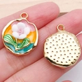 French vintage enamel rose charm with golden textured back for DIY jewelry making - Yellow Two-Tone Flower Pendant-21172