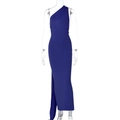Schlankes rückenfreies blaues ärmelloses Maxikleid mit eleganter Raffung und Beinschlitz - Dunkelblau