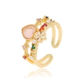 Double-layered gold open ring with pink cat eye stone, enamel flower, and pearls - Adjustable Open / Pink Cat Eye Stone (Style B)