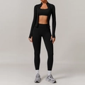 Three-piece black seamless yoga set including zip jacket, sports bra and high waist leggings - S / Jacket + Bra + Leggings / Premium Black