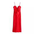 Elegante vestido midi de satén rojo sin mangas con escote en V profundo y textura brillante - XS / Rojo