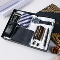 Business gift set for men featuring a black watch, wallet, belt, and accessories in a box - 11-Piece Black Set (Belt + Wallet + Watch + 3 Bracelets + Tie + 2 Cufflinks + Pen + Gift Box)