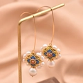 Vintage style floral pearl earrings with gold hooks, blue enamel and red gemstone accents - Cloisonne Pearl Hook