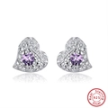 Elegant s925 sterling silver heart stud earrings with purple gemstone and crystals - Purple Heart Hollow Stud - Silver