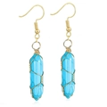 Bohemian earrings with turquoise hexagonal crystal drops and gold wire wrapping - Wire Wrapped Hexagonal Prism Earrings / Gold Turquoise Earrings