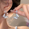 Élégantes boucles d'oreilles papillon et fleur en argent avec cristaux brillants - Style Fleur Papillon Bleu Entièrement Diamanté (11#)
