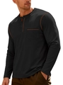 Men's black long sleeve Henley shirt with brown contrast stitching and chest pocket - S / Black