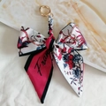 Camellia silk bow keychain with red France ribbon and floral pattern in gold hardware - Red Bow