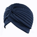 Deep blue ethnic turban hat with pleated design and cross knot for women - One Size / Navy Blue